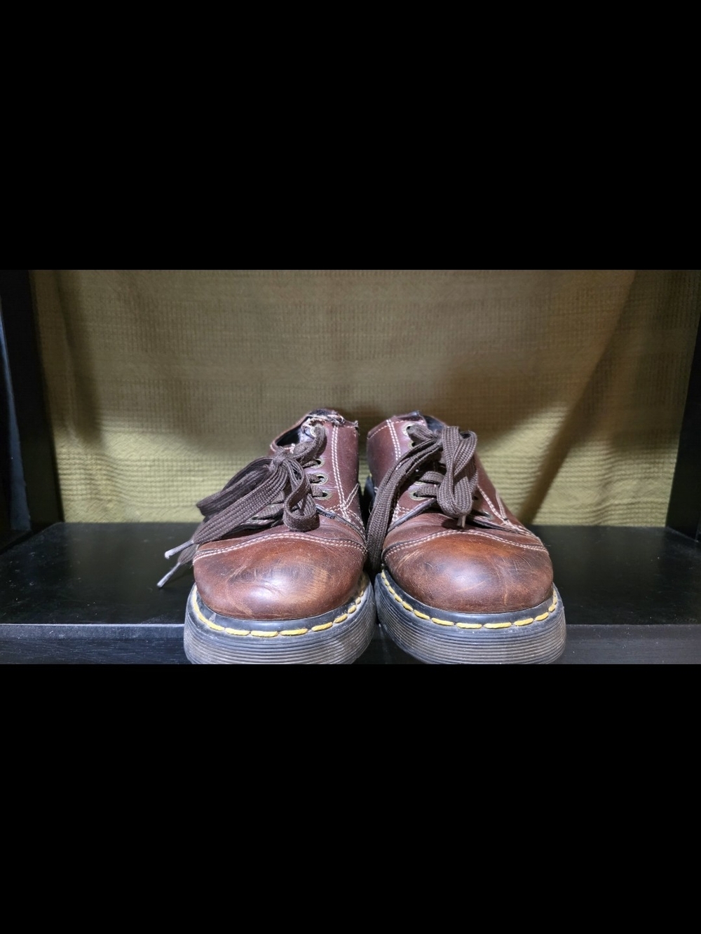 Dr. Martens Brown Leather Lace-Up Flats with Yellow Stitching